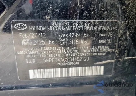 2012 Hyundai Sonata Gls z USA, uszkodzony, nr VIN 5NPEB4AC2CH482123